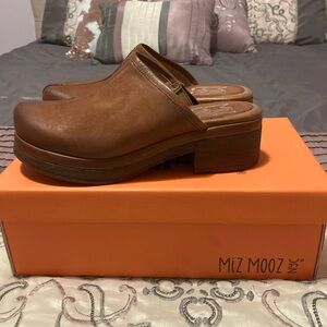 Miz Mooz Tan Leather Platform Clog Mules